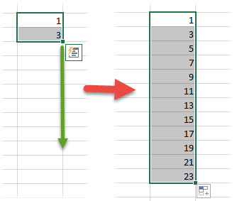 Автозаполнение последовательности чисел в Excel